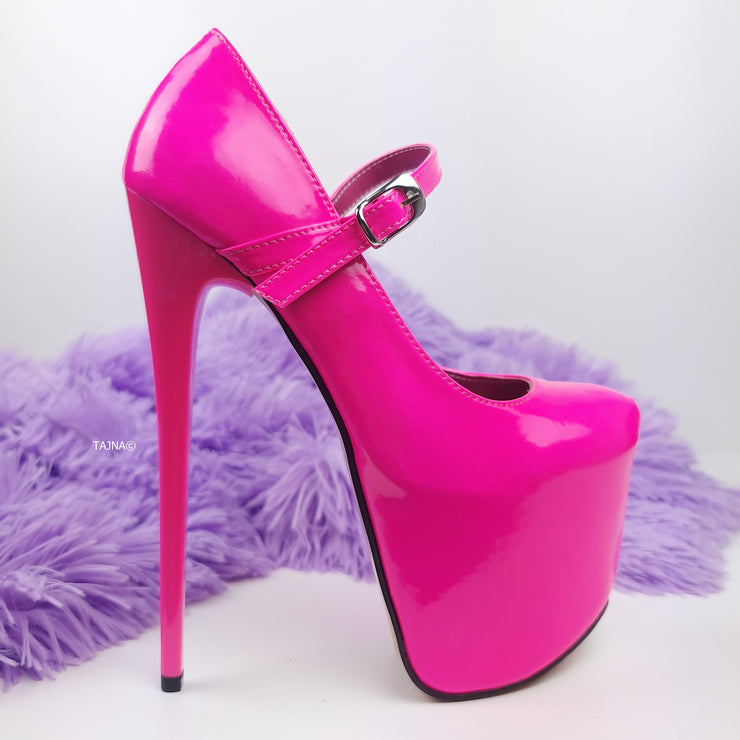 Neon Pink Gloss Mary Jane High Heel Pumps Tajna Club