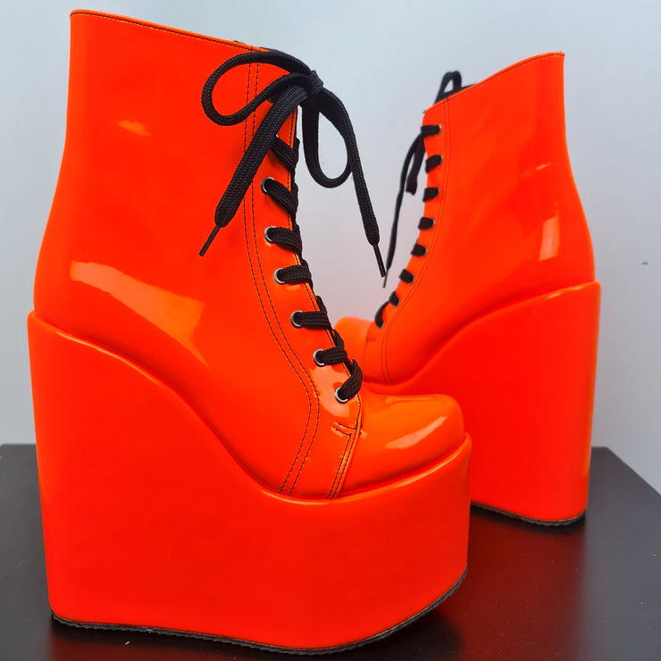 Orange Gloss Black Laces High Heel Platform Wedges