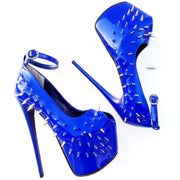 Electric Blue Gloss Spike Studded Ankle Strap Heels