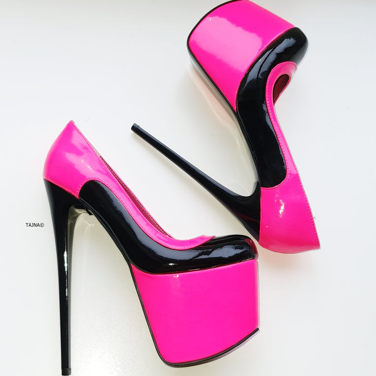Double Neon Pink Black Gloss High Heel Pumps