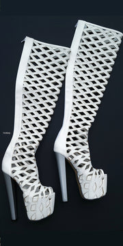 White Laser Cut Thigh High Thick Heel Boots