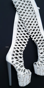 White Laser Cut Thigh High Thick Heel Boots