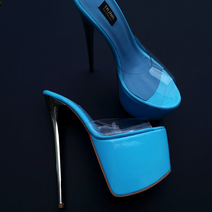 Baby Blue Transparent Strap Metallic Heel Mules