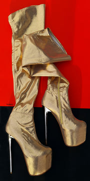 Gold Shimmer Over The Knee Metallic Heel Boots