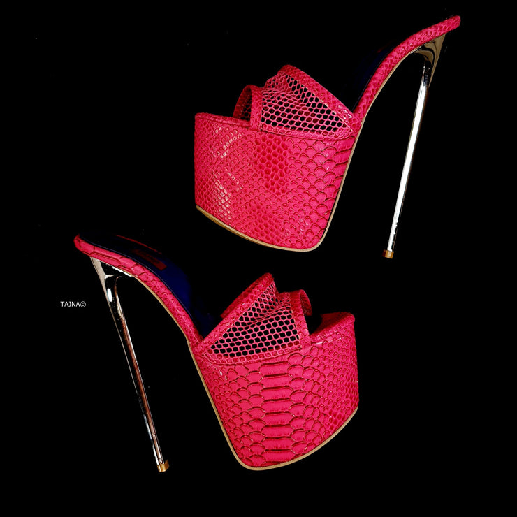 Pink Croco Fishnet Metallic High Heel Mules