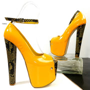 Genuine Leather Yellow Snake Detail  Chunky Heels