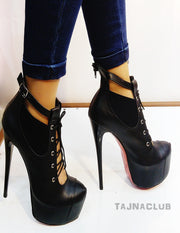 Black Ankle Strap Lace Up Sexy Platform Boots - Tajna Club