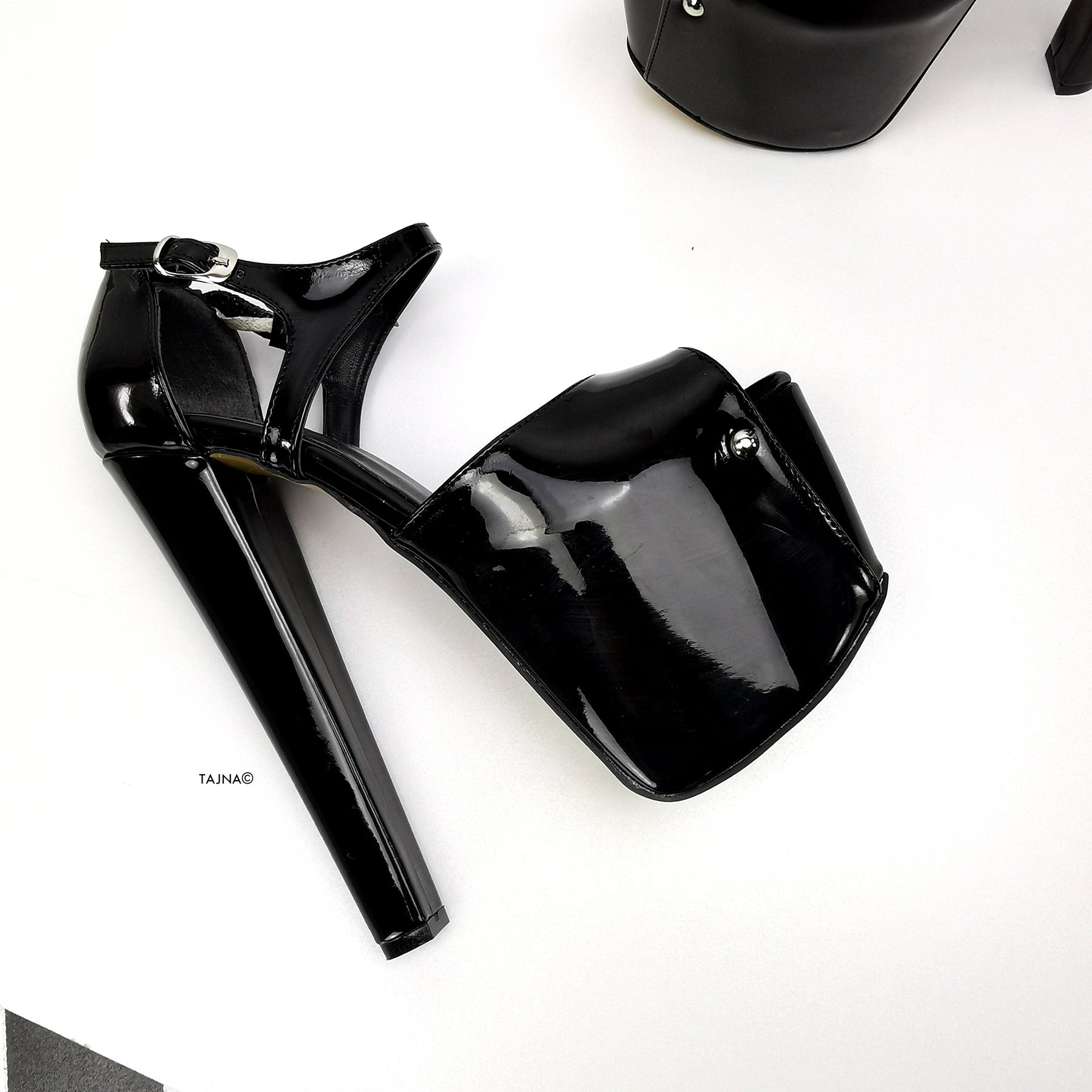 Black Gloss Ankle Strap Peep Toe Heels | Tajna Club