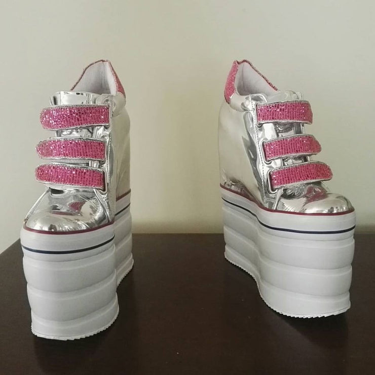 Silver Pink High Heel Wedge Casual Women Platform Shoes - Tajna Club