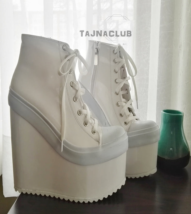 Super High Heel Convers Style Sneaker Wedges - White - Tajna Club