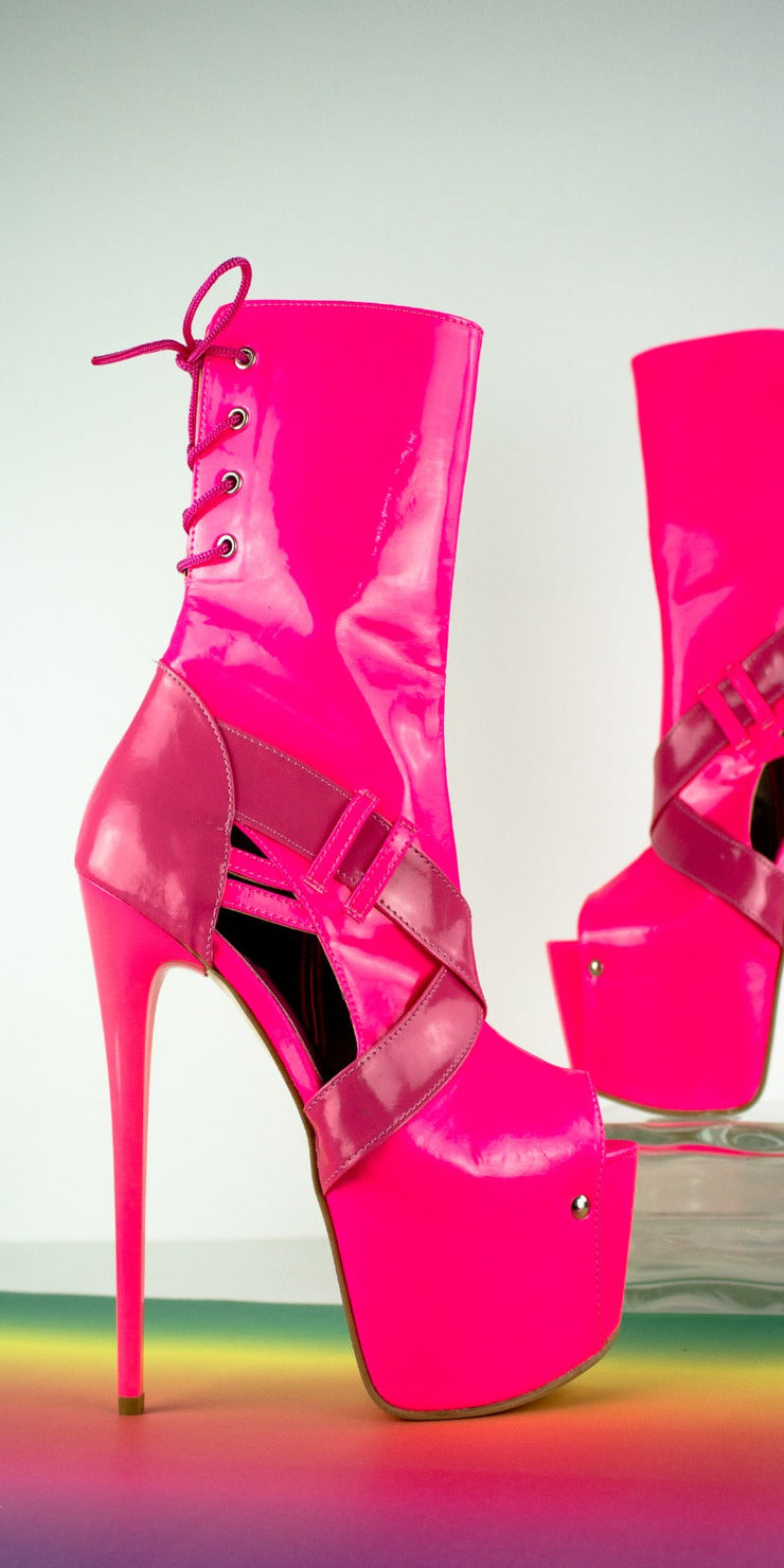Gloss Pink Back Lace Ankle Cut Heel  Boots