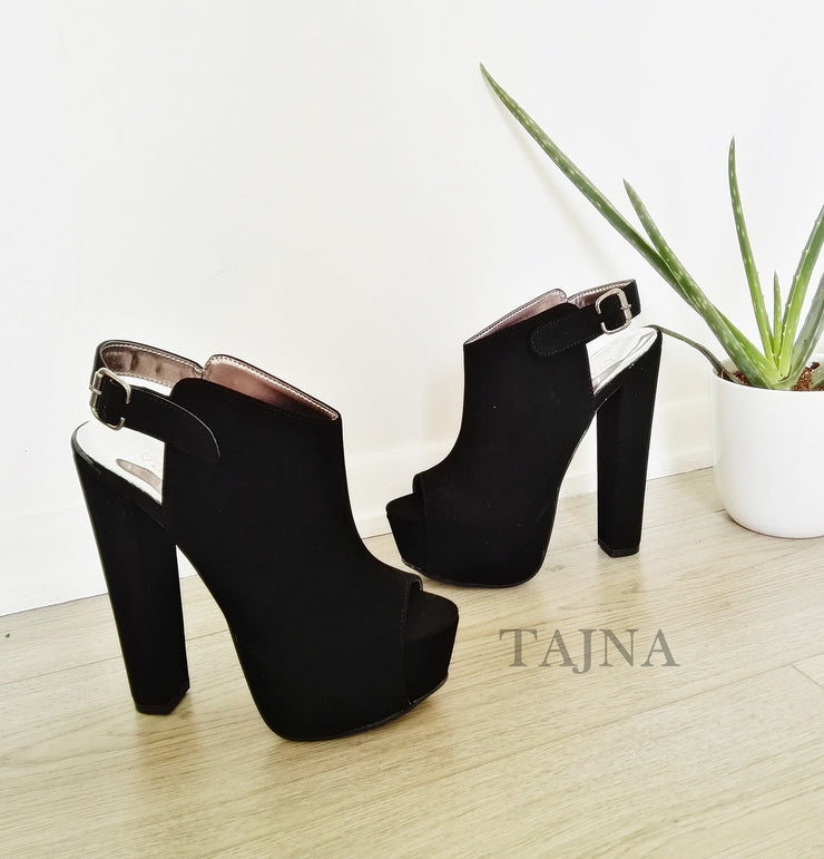 Black Suede Chunky High Heel Shoes - Tajna Club