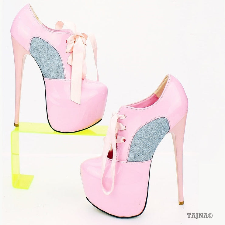 Light Pink Denim Lace Up Ankle High Heel Booties - Tajna Club
