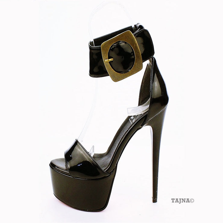 Ankle Strap Big Belted Black Patent Leather Platforms - Tajna Club
