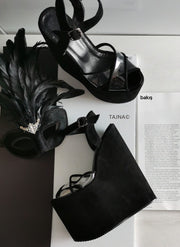 Black Suede Transparent Wedge Sandals - Tajna Club