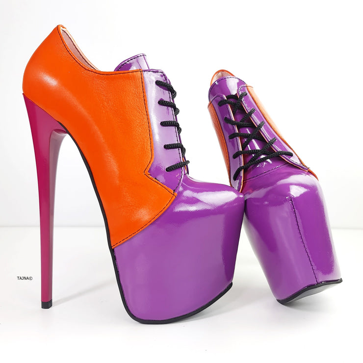 Orange Purple Genuine Leather Oxford Heels