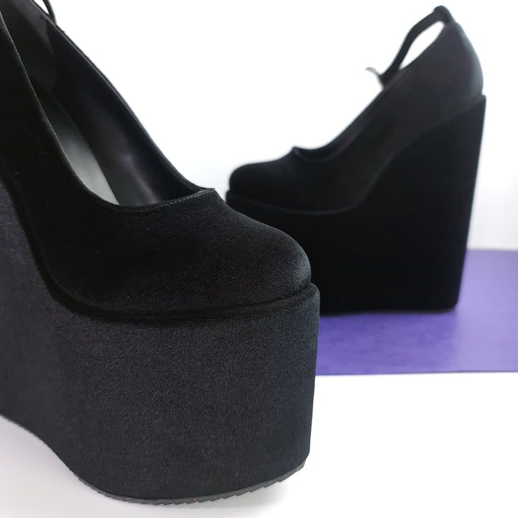 Black Velvet Ankle Strap  High Heel Wedges Tajna Club Shoes 