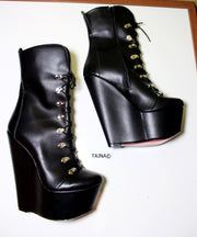Lace Up Black Military Style Wedge Boots - Tajna Club