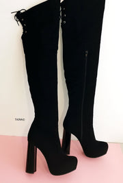 Black Suede Knee High 13 cm Chunky Heel Boots - Tajna Club