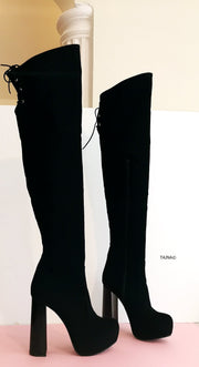 Black Suede Knee High 13 cm Chunky Heel Boots - Tajna Club