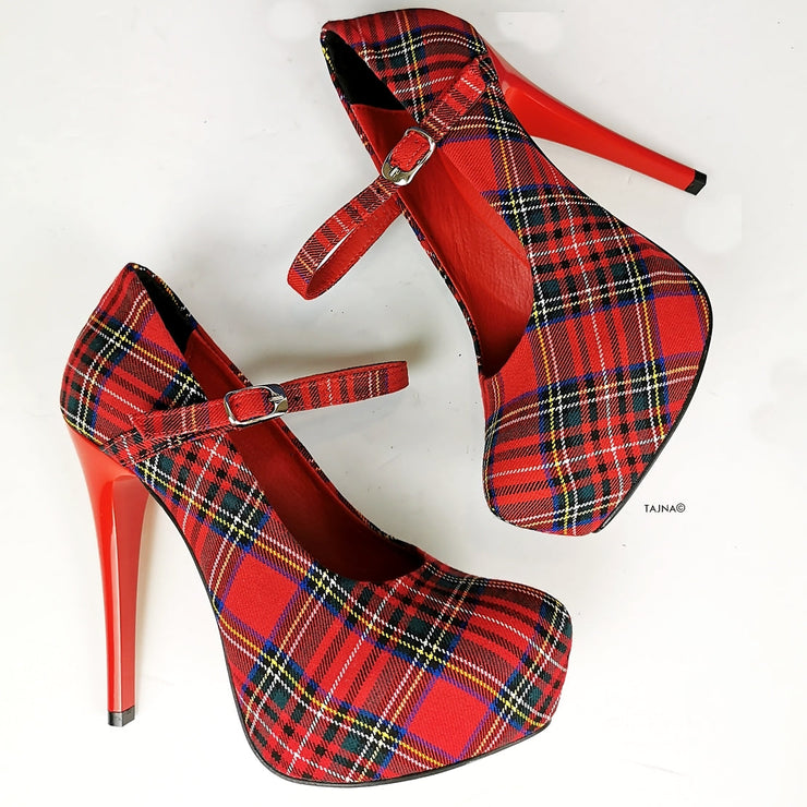 Tartan Red Mary Jane Heel Pumps | Tajna Club