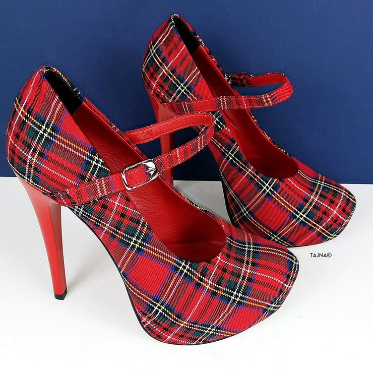 Tartan Red Mary Jane Heel Pumps | Tajna Club