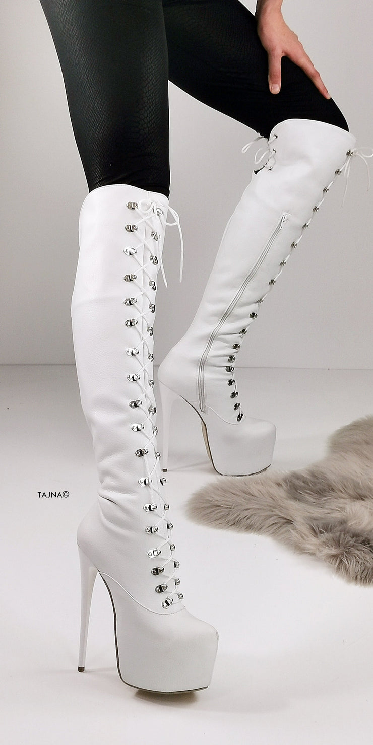 White Matte Military Syle Lace Up Boots - Tajna Club