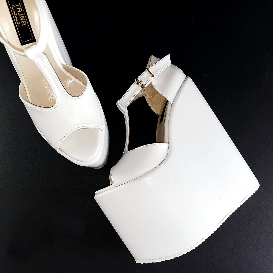 White T Strap Platform Wedge Shoes | Tajna Club