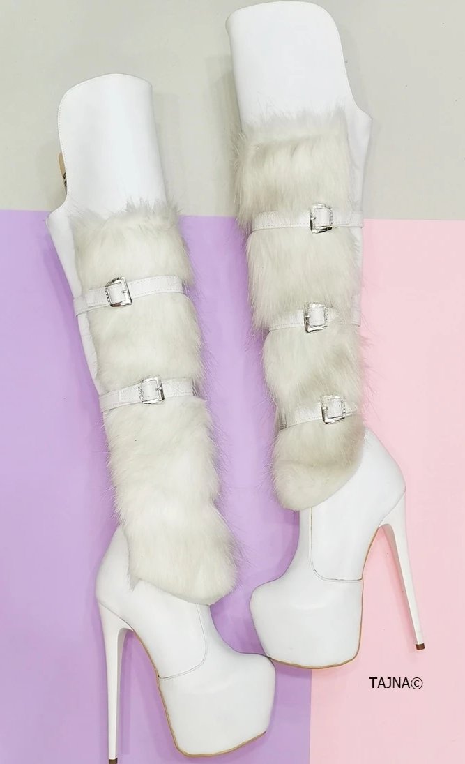 White Fur Detail Belted Platform Boots - Tajna Club