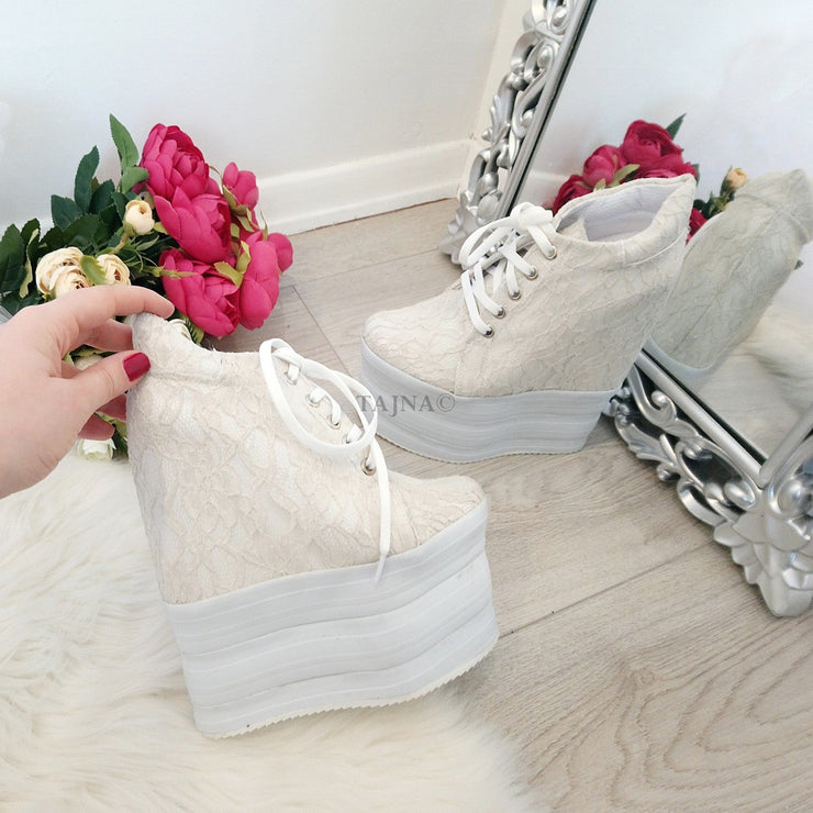 White Cream Lace Up Sport Wedge Platform Shoes - Tajna Club