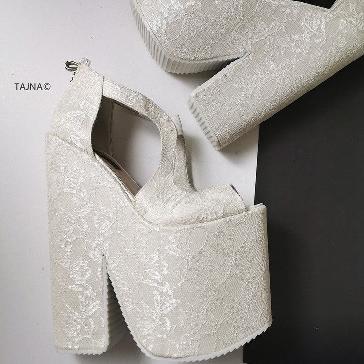 Bridal White Lace Mega Platform Wedges - Tajna Club