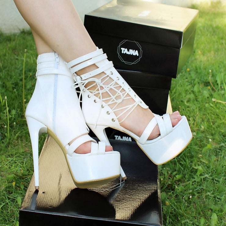 Lace Up White Patent High Heeled Platform Shoes - Tajna Club