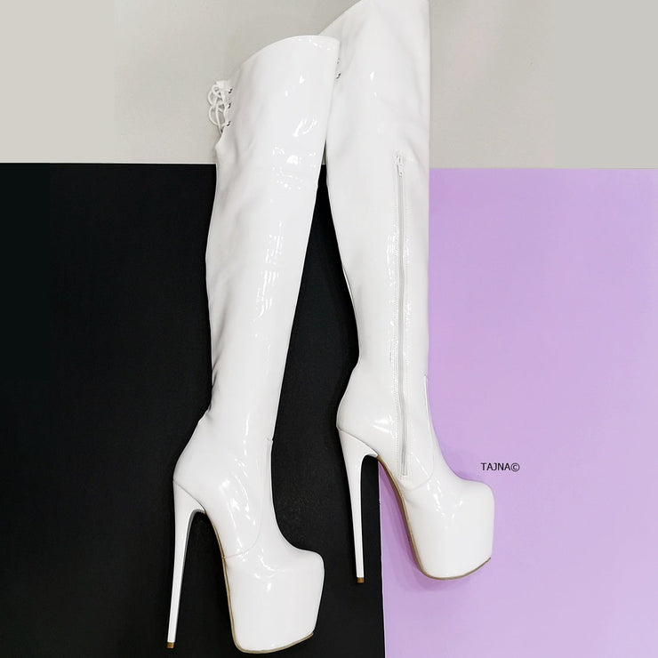 White Patent Knee High Platform Boots - Tajna Club