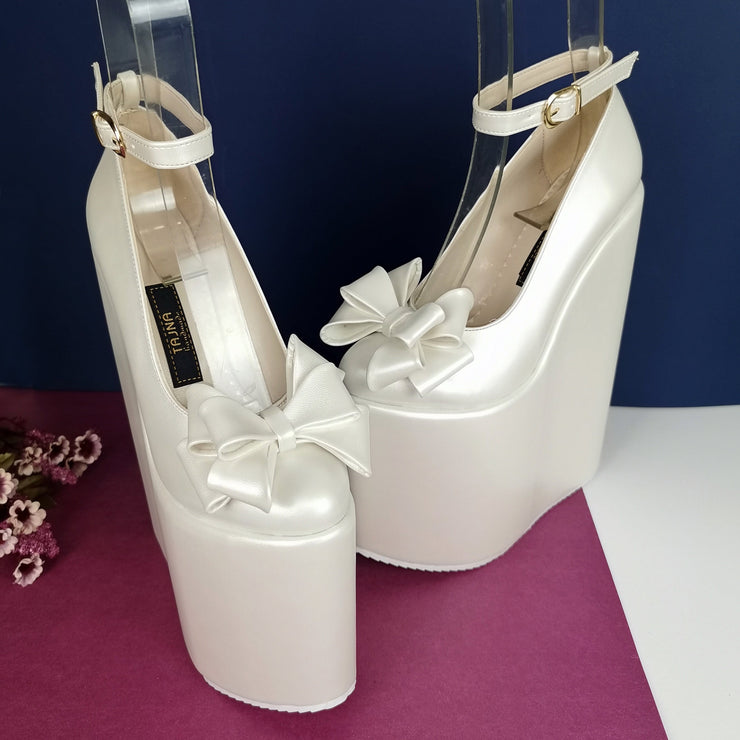 Ivory White Ribbon Platform Heel Bridal Wedges | Tajna Club