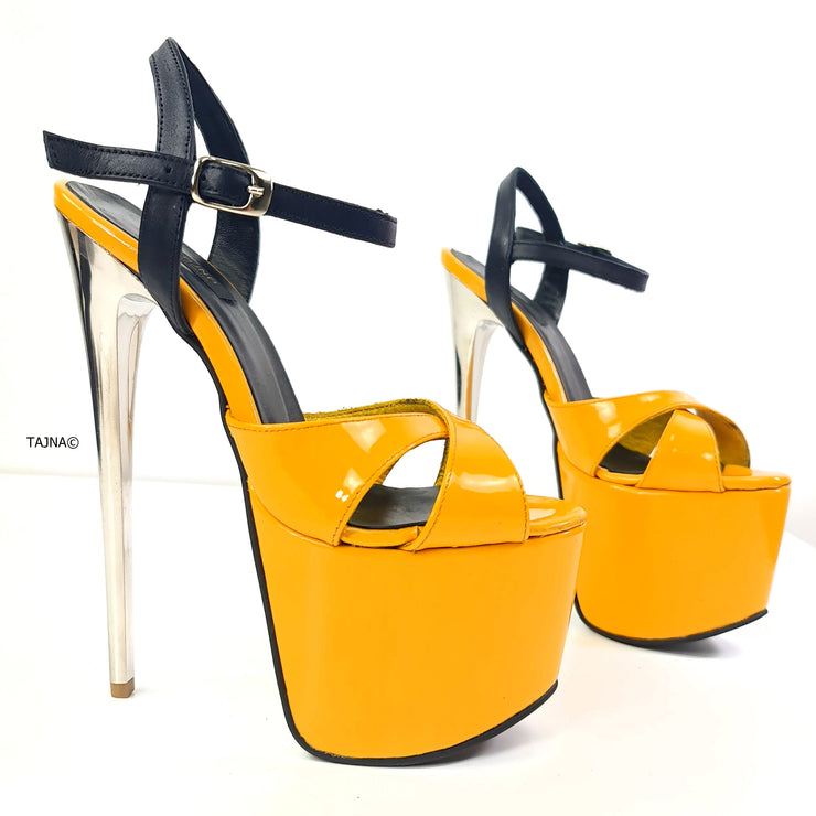 Yellow Black Gloss Metallic Heel Sandals