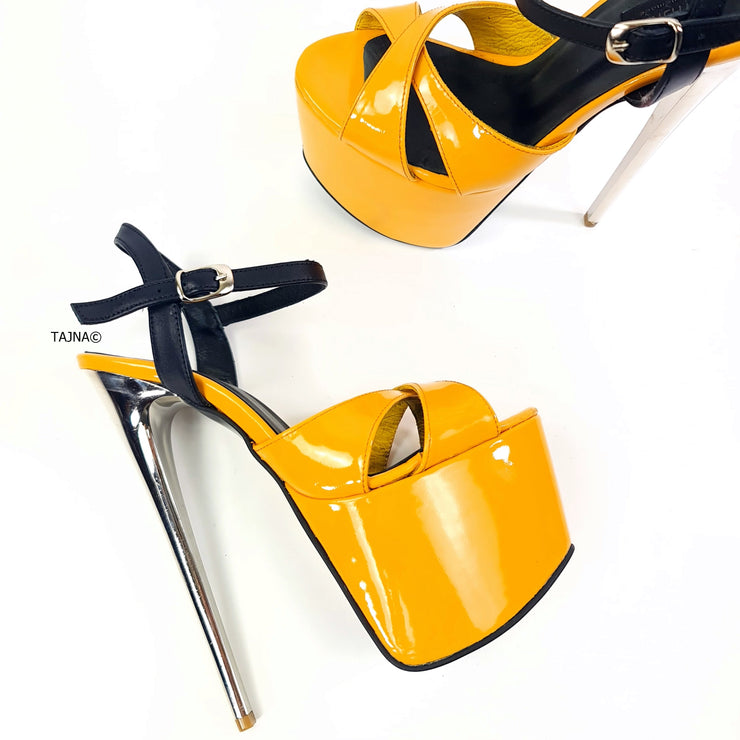 Yellow Black Gloss Metallic Heel Sandals