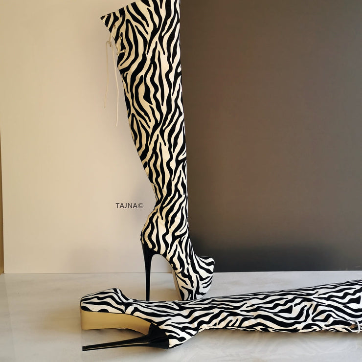Zebra Design Knee High Platform Boots - Tajna Club